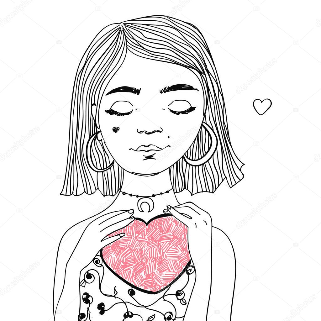 Pretty girl in love with heart shape in her hands. Vector Valentines day illustration.