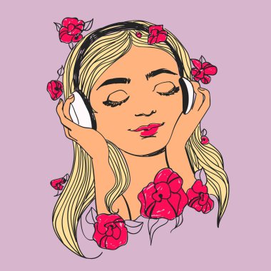 Çiçekler ve kulaklık ile güzel bir kadın. Vektör renkli müzik aşığı çizim.