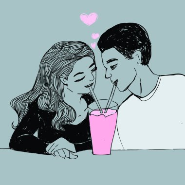 İki sevgi, genç kadın ve adam pembe renk milkshake içme. Vektör Sevgililer günü pop sanat tarzı çizim.