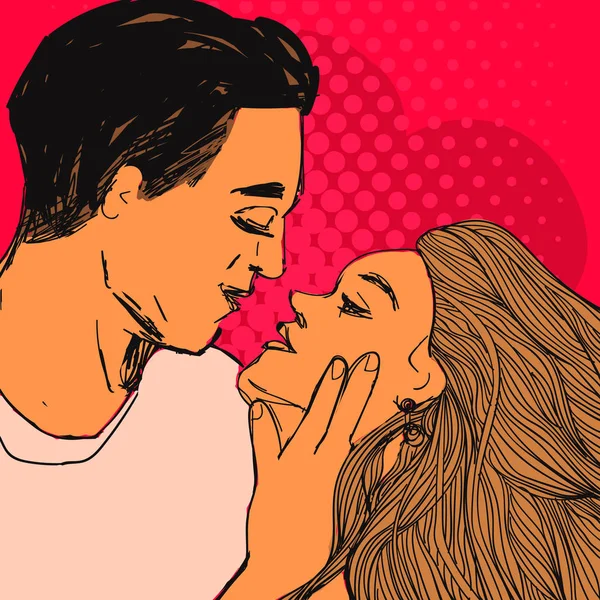 Couple amoureux, jeune femme et homme veulent s'embrasser. Illustration vectorielle de style pop art Saint Valentin . — Image vectorielle