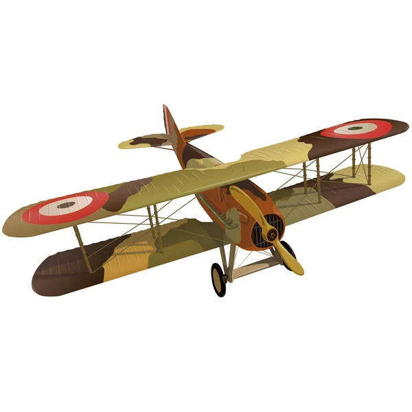 Biplano de la Guerra Mundial con camuflaje militar. Modelo de hélice de avión . — Archivo Imágenes Vectoriales