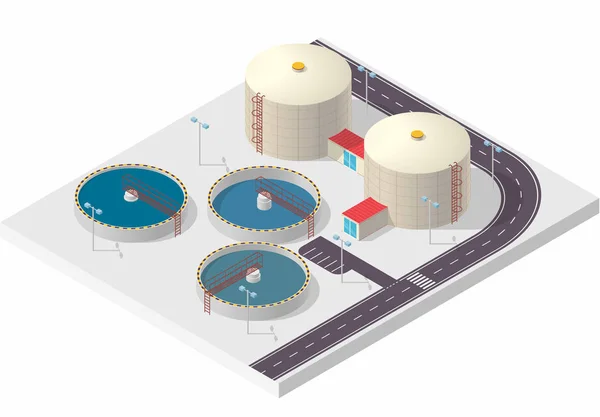 Επεξεργασία νερού ισομετρική κτίριο infographic, μεγάλο βακτήριο εξαγνιστή σε λευκό φόντο. — Διανυσματικό Αρχείο