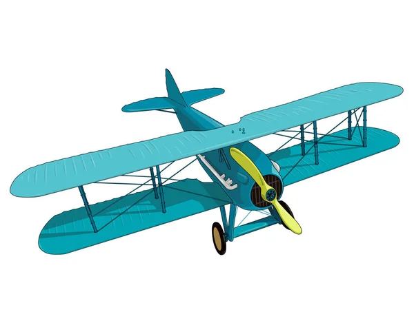 Biplane from World War with blue coating. Model aircraft propeller. — Stock Vector