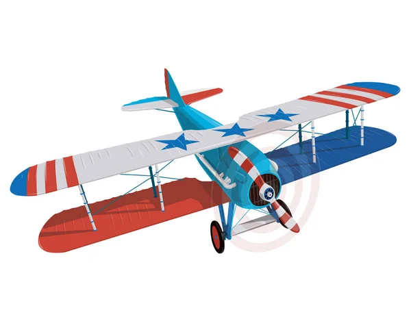 Biplane de la Guerra Mundial con bandera de color de Estados Unidos . — Vector de stock