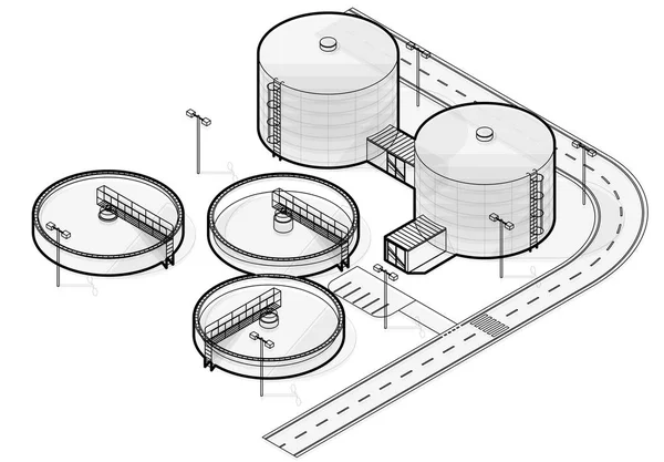Tratamento de água infográfico edifício isométrico, purificador de bactéria grande fio . — Vetor de Stock