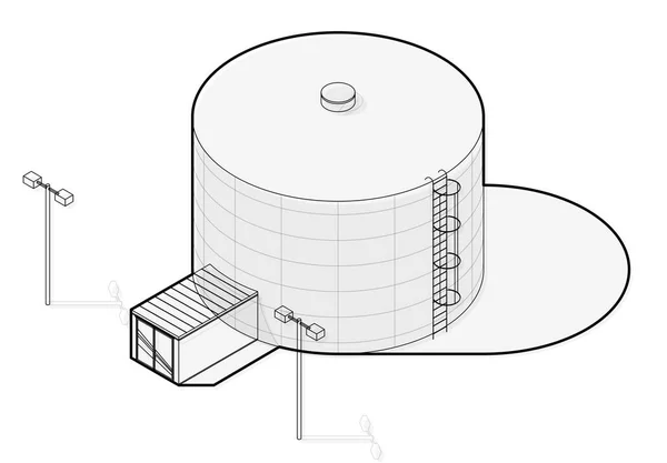 Tanque de agua, cisterna delineada. Depósito infográfico del edificio isométrico de tratamiento de agua . — Vector de stock