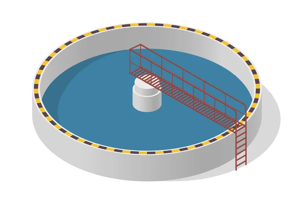 Infografía isométrica del edificio del tratamiento del agua, purificador grande de la bacteria en fondo blanco . — Vector de stock