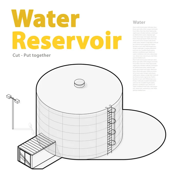 Tanque de agua, cisterna delineada. Depósito infográfico del edificio isométrico de tratamiento de agua . — Archivo Imágenes Vectoriales