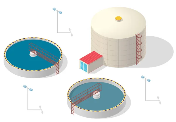 Infografía isométrica del edificio del tratamiento del agua, purificador grande de la bacteria en fondo blanco . — Vector de stock