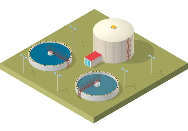 Vízkezelés izometrikus épület infographic, nagy baktérium légtisztító fehér háttér. — Stock Vector