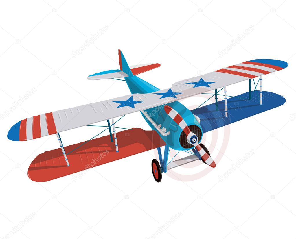 Biplane from World War with color flag of United States.