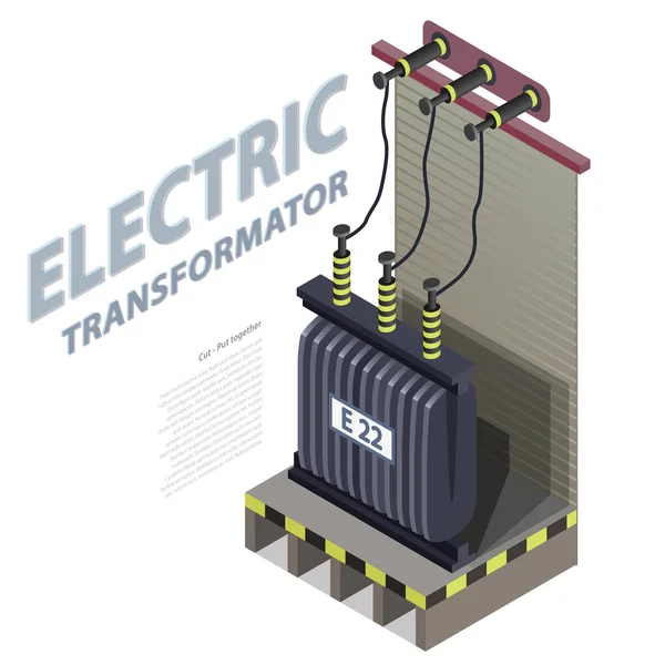 発電所の詳細。青の発電所。変圧器等尺性建物. — ストックベクタ