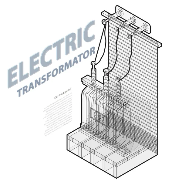 Detalhe da usina. Central de energia azul. Construção isométrica do transformador elétrico . — Vetor de Stock