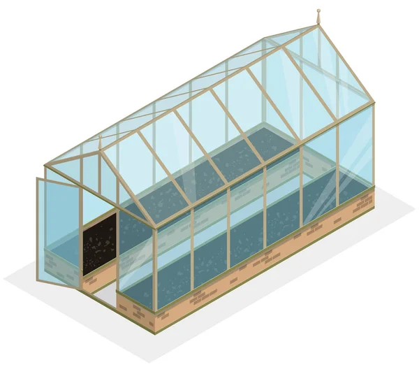 Isometrisk växthus med glasväggar, stiftelser, sadeltak, trädgård säng. — Stock vektor