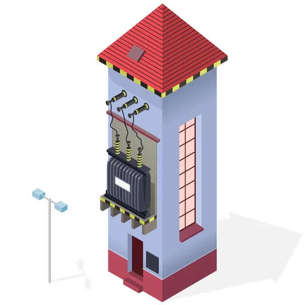 Transformador elétrico isométrico informações do edifício gráfico. Central eléctrica de alta tensão . — Vetor de Stock