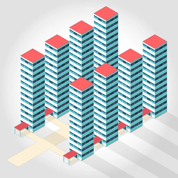 Edificio isométrico de apartamentos de gran altura ilustración para el desarrollo de viviendas de artículos científicos . — Vector de stock
