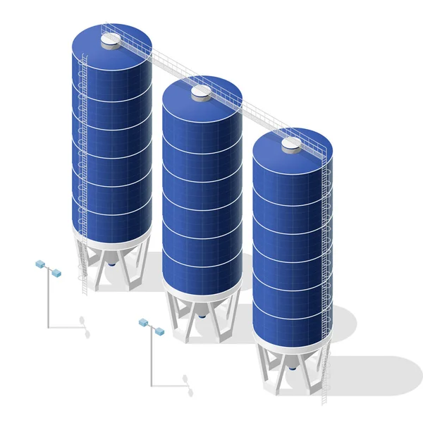 Spannmålssilo, isometrisk blå byggnad infographic på vit bakgrund. — Stock vektor