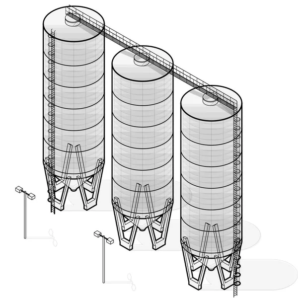 Infografica dell'edificio isometrico del silo, grande insilato di semi di grano delineato . — Vettoriale Stock