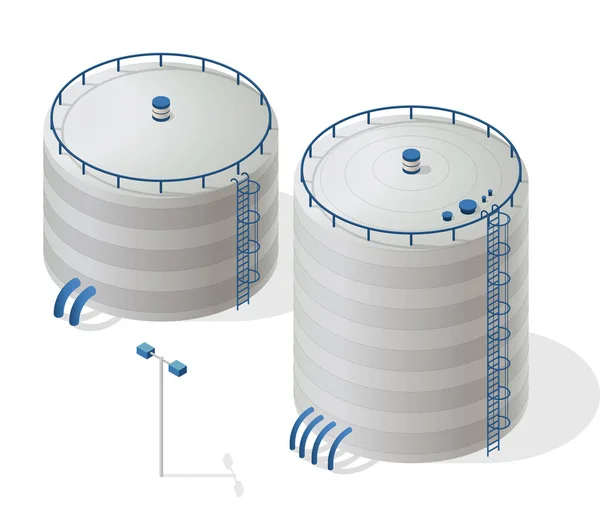 Water reservoir isometric building info graphic. Uninterruptible power supply reserves. — Stock Vector