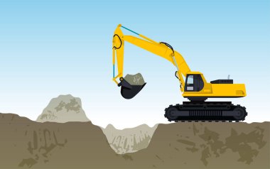 Yellow big digger builds roads excavating of hole, ground works. Construction machinery and ground works. clipart