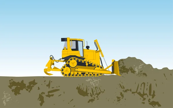 Κίτρινο μεγάλο ανασκαφέας χτίζει δρόμους εκσκαφή της τρύπας, έργα λόγου. Δομικά μηχανήματα και έργα λόγου. — Διανυσματικό Αρχείο