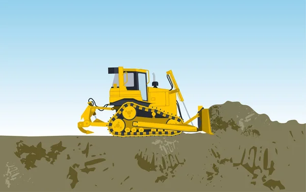 Yellow big digger builds roads excavating of hole, ground works. Construction machinery and ground works. — Stock Vector