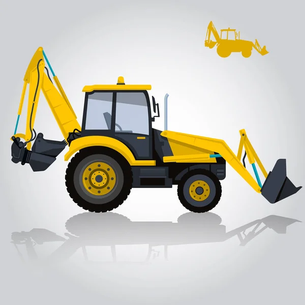Yellow big digger on white background. Construction machinery and ground works. — Stock Vector