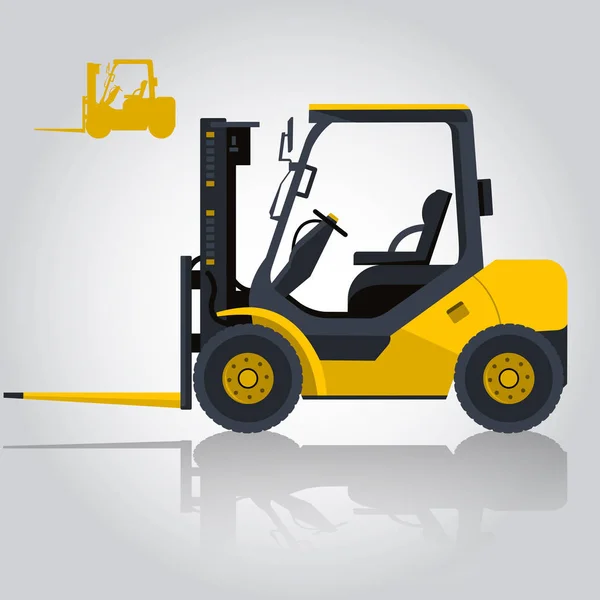 Yellow fork lift loader on white. Loading coins in storage. Construction machinery and ground works. — Stock Vector