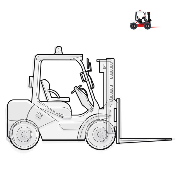 Carregador de empilhadeira de garfo de fio preto e branco funciona em armazenamento em branco. Máquinas para construção . — Vetor de Stock