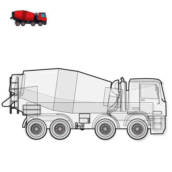 Schwarzer und weißer Draht großer Betonmischer auf weißer Basis. Baumaschinen und Bodenarbeiten. — Stockvektor