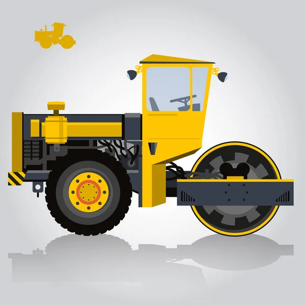 Amarillo gran rodillo construye carreteras en blanco. Maquinaria de construcción y obras de tierra . — Vector de stock