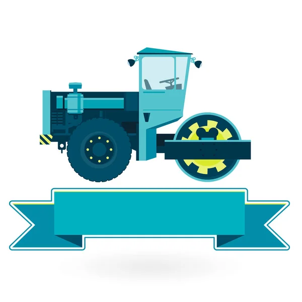 Blue big roller builds roads on white. Big steamroller, roadroller. Construction machinery and ground works. — Stock Vector