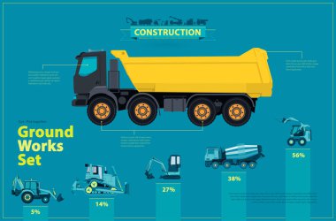 Yellow truck. Blue infographic set, ground works blue machines vehicles. clipart