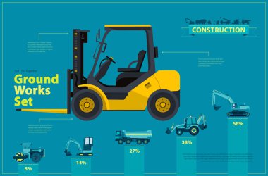 Sarı forklift. Mavi Infographic ayarla, işleri mavi makineleri araçlar zemin.