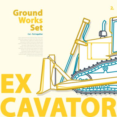 Seviyelendirilmiş tipografi ayarla, işleri, Ekskavatör araç yer. İnşaat makineleri ekipmanları.