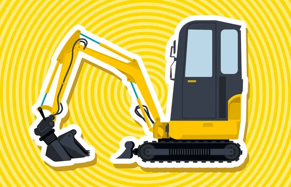 Pequeña excavadora amarilla construye carreteras con contorno. Trabajos en tierra . — Vector de stock