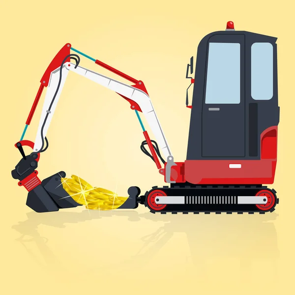 Red small digger builds roads, loads golden coins. — Stock Vector