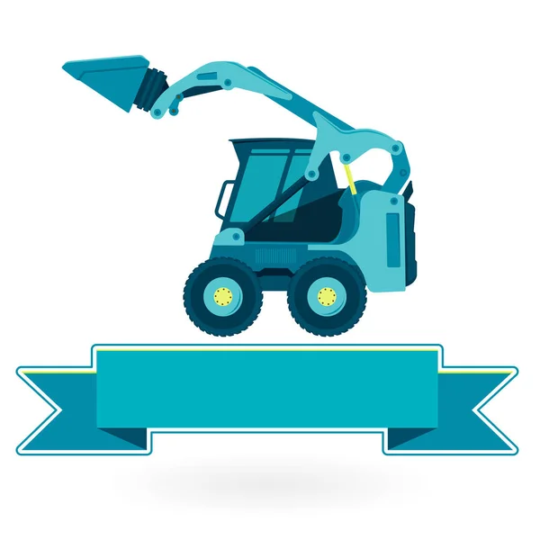 Pequeña excavadora azul construye carreteras, carga material de construcción en blanco . — Vector de stock