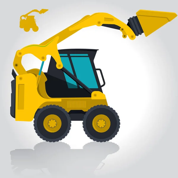 Pequeña excavadora amarilla construye carreteras con contorno. Trabajos en tierra . — Vector de stock