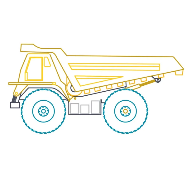 Blauw geel kader zware vrachtwagen bouwt wegen op wit. — Stockvector