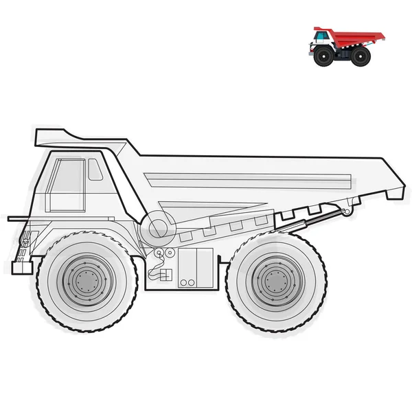 Zwart-wit draad grote vrachtwagen. Bouw en de uitrusting element. — Stockvector