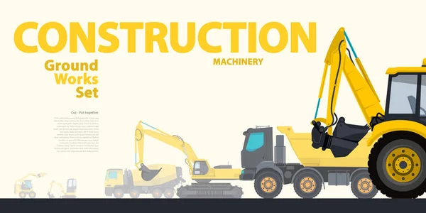 Set tipografia gialla di macchine per lavori a terra veicoli. Escavatore - attrezzature per l'edilizia . — Vettoriale Stock