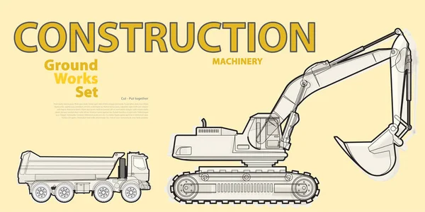 Set schiță de mașini de construcții mașini vehicule, excavator. Echipamente de constructii pentru constructii . — Vector de stoc