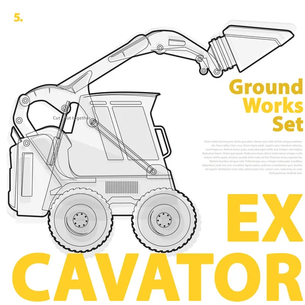 Construction machinery, excavator. Typography set of ground works machines vehicles. — Stock Vector