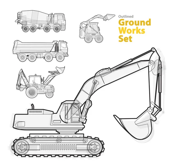 Outline set of construction machinery machines vehicles, excavator. Construction equipment for building. — Stock Vector