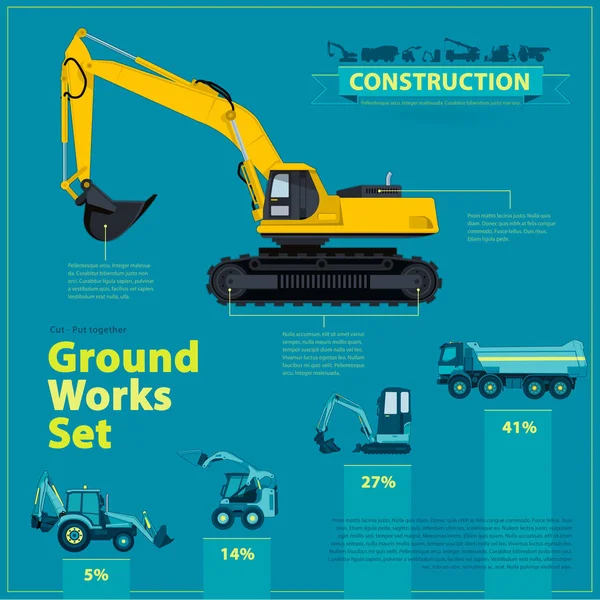 Scavatore giallo. Set infografico blu, opere a terra macchine blu veicoli . — Vettoriale Stock