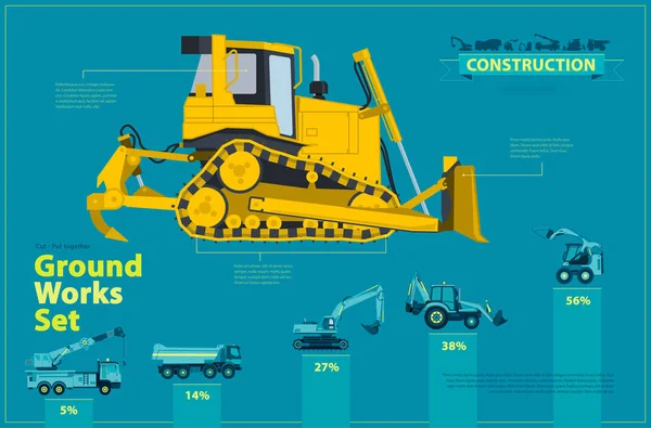 Žlutý bagr. Modrá infografika set, pozemní práce modré stroje vozidla. — Stockový vektor