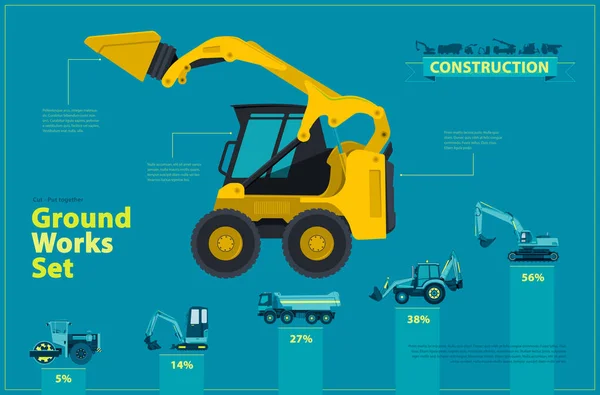 Žlutý bagr. Modrá infografika set, pozemní práce modré stroje vozidla. — Stockový vektor