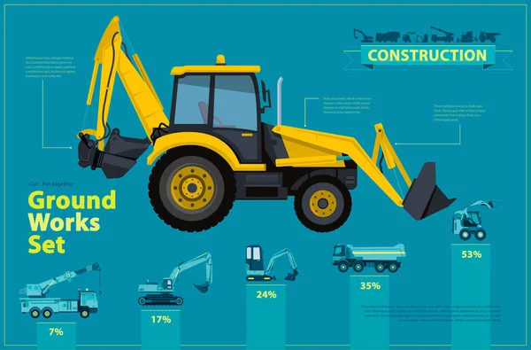 Escavadora amarela. Conjunto infográfico azul, terra trabalha veículos de máquinas azuis . — Vetor de Stock