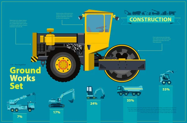 Rullo compressore giallo. Set infografico blu, opere a terra macchine blu veicoli . — Vettoriale Stock